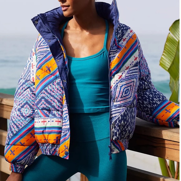 Free People FP Movement Power House Quilted Puffer Lg Blue Pink Jacket Coat - Picture 4 of 16